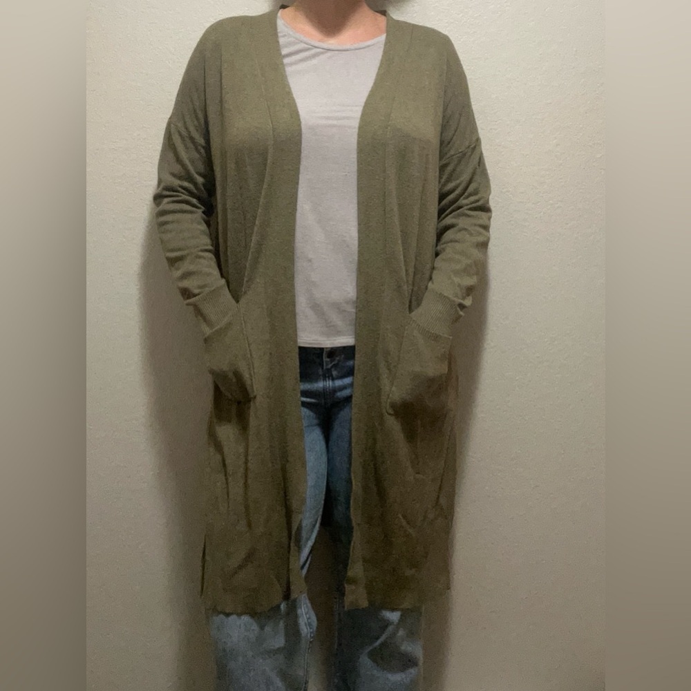 Debut Olive Green Women's Long Cardigan Sweater Duster Size Medium